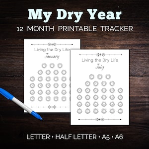 May include: Two white printable trackers with the text "My Dry Year" and "12 MONTH PRINTABLE TRACKER". The trackers are labeled "January" and "July" with a floral design. A blue and white pen is on the left. The bottom text reads "LETTER • HALF LETTER • A5 • A6".