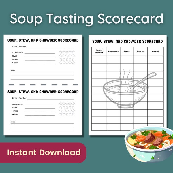 Soup Stew Chowder Tasting Score Card, Cookoff Party Food Tasting Game, Food Judging Scorecard Ballot for Cook Off Competition