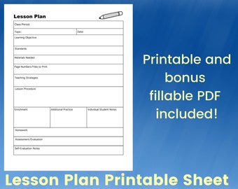 Lesson Plan Template and Editable PDF Form for Teachers and Substitute Teachers Planning