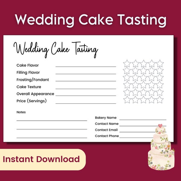 Wedding Cake Tasting Sheet, Bride Cake Planner Tasting Score Card for Wedding Planning Checklist Bakery Cake Tasting Review