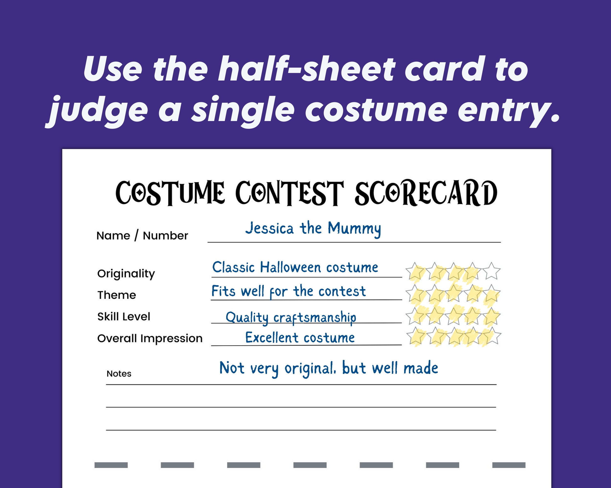 Costume Contest Score Card, Halloween Party Judges Scorecard, Cosplay