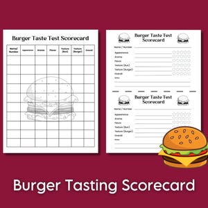 Burger Taste Testing Challenge Contest Score Card, Scorecard für das Kochparty-Verkostungsspiel, Auswahlrunde für Speisen beim Grillen
