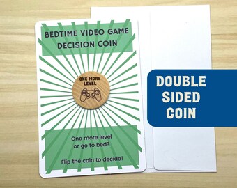 Video Game Bedtime Decision Flip Coin, Wooden Engraved Yes No Coin for Screen Time, Funny Gamer Gift Token for Teens and Tweens