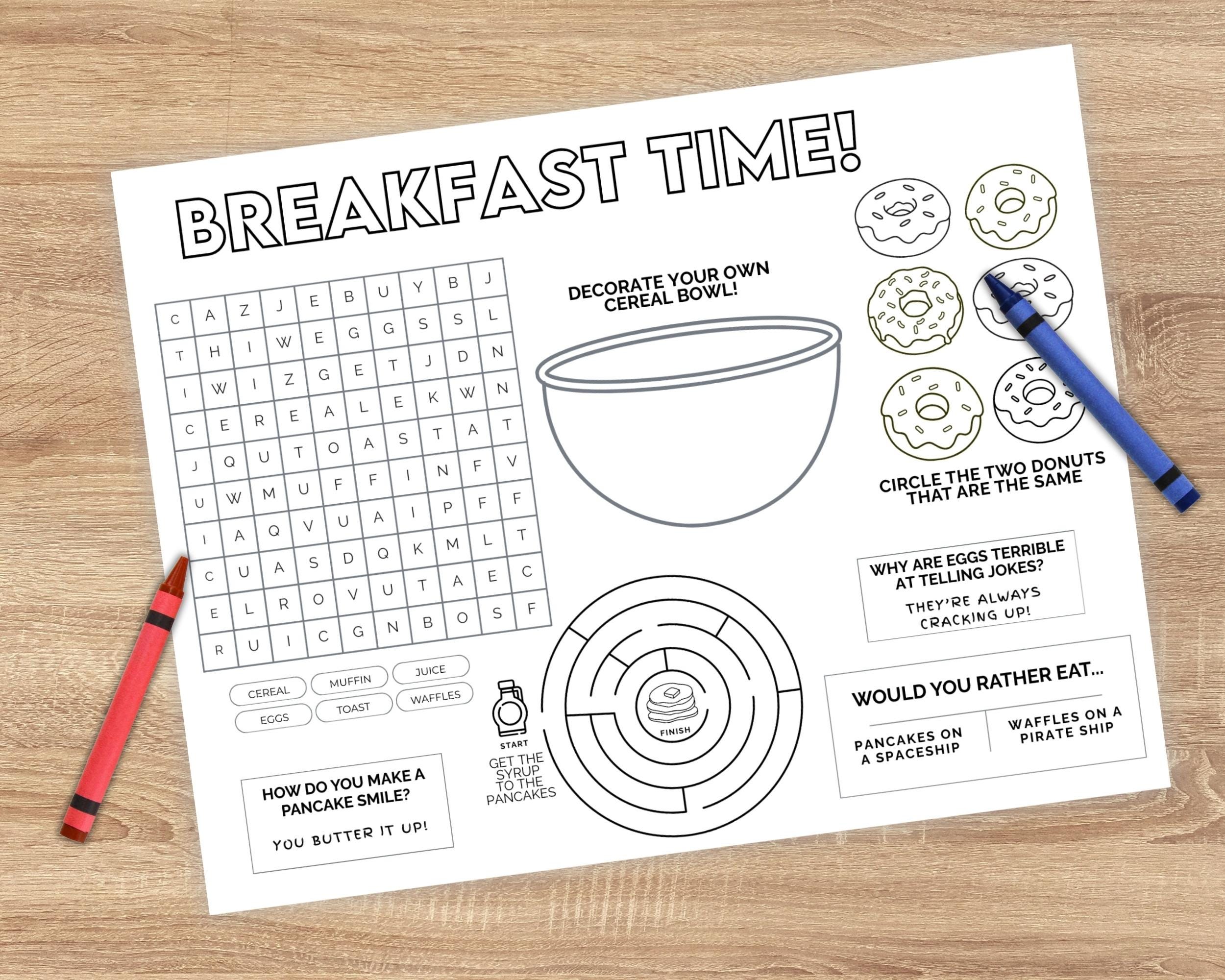 Breakfast Coloring Activity Placemat – Kids Brunch Worksheet (PDF ...