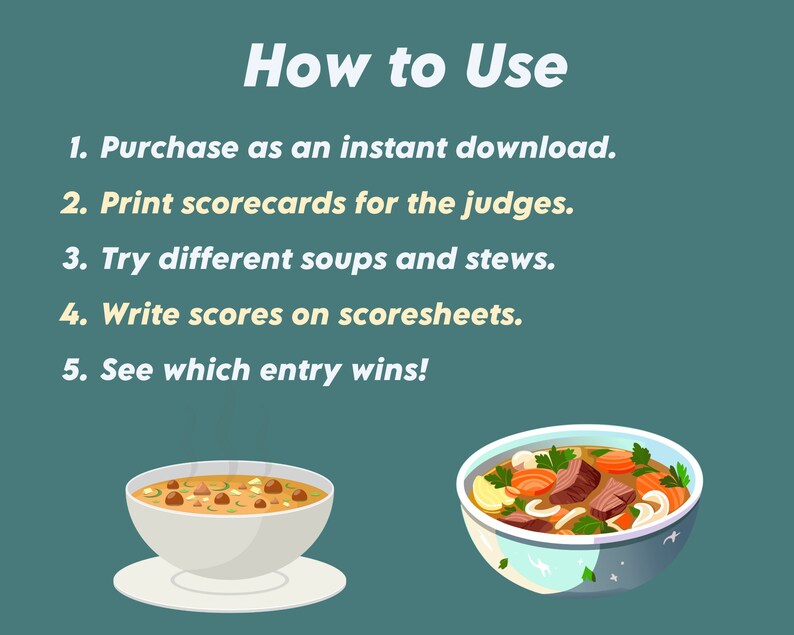 Soup Stew Chowder Tasting Score Card, Cookoff Party Food Tasting Game
