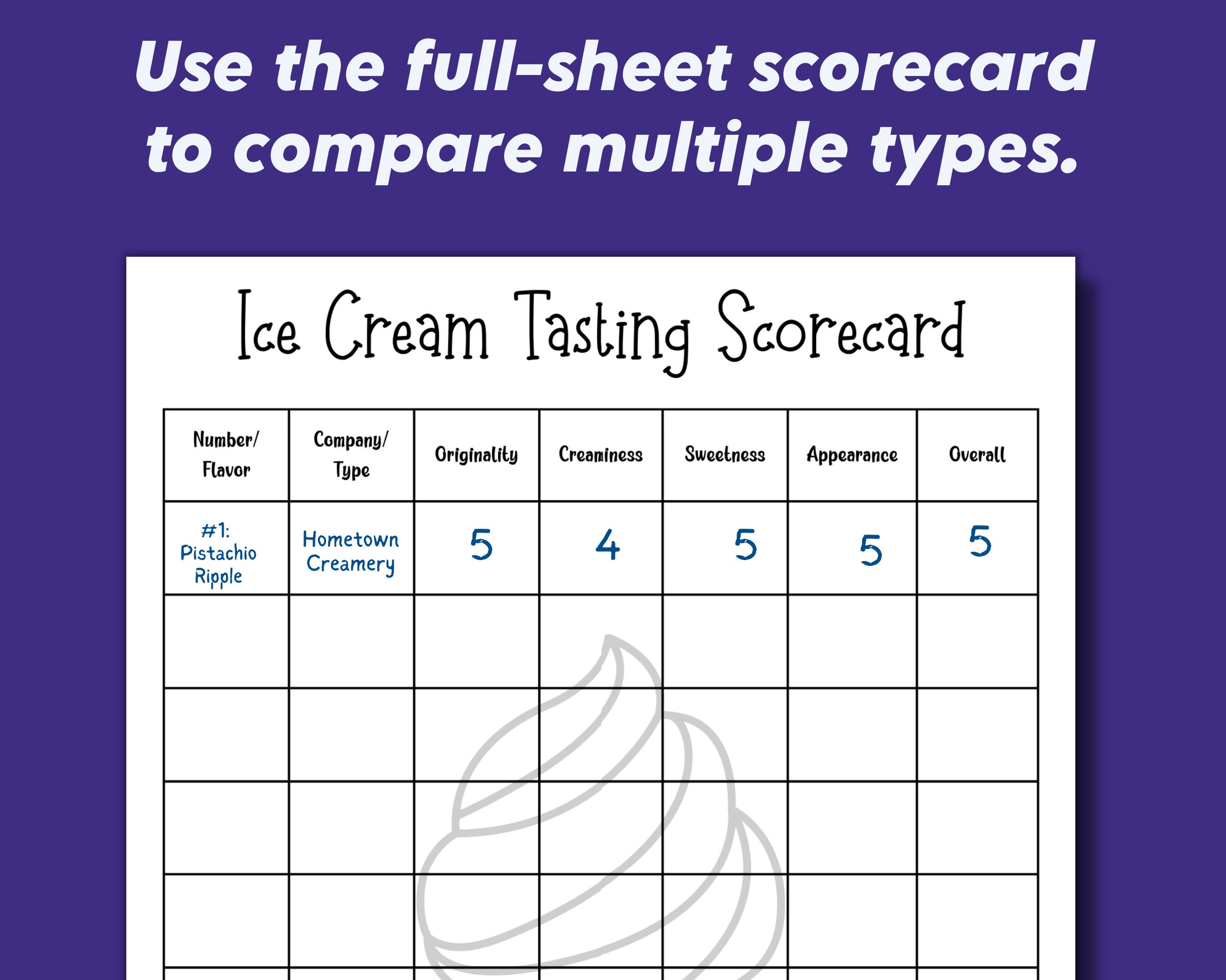 Ice Cream Tasting Score Card, Birthday Party Game, Ice Cream Social or