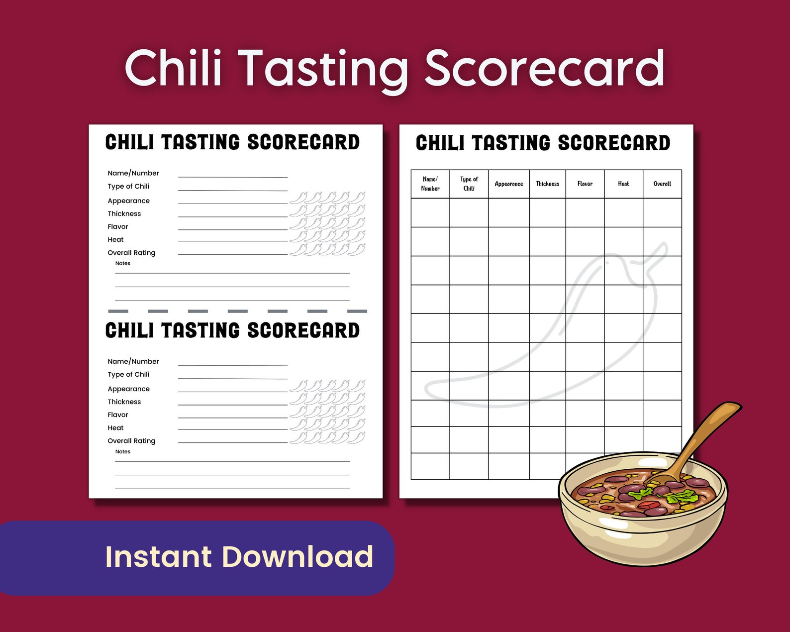 Chili Tasting Score Card, Chili Cookoff Party Food Tasting Game, Food