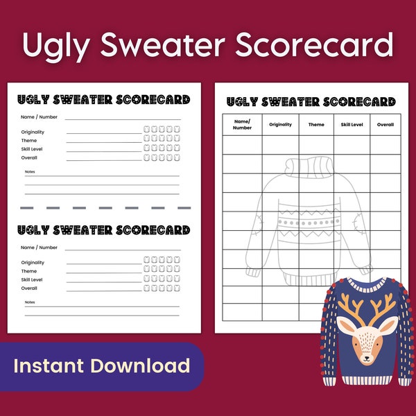 Ugly Sweater Score Card Ballot, Christmas Contest Scorecard for Office Holiday Party Game, Best Ugly Christmas Shirt Activity Men and Women