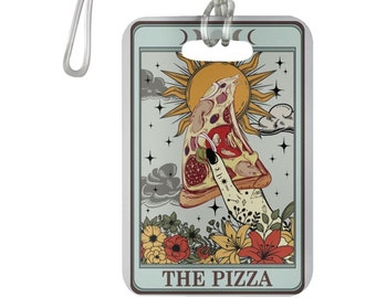 Pizza Luggage Tag, the Holly Pizza in the hands of God, tarot card style funny luggage tag for pizza lover