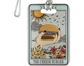 Cheeseburger Luggage Tag, the Holly burger in the hands of God, tarot card style funny luggage tag for food lover