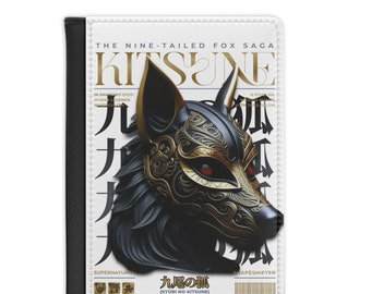 May include: A white and black magazine cover with a gold and black fox mask illustration. The magazine title is "Kitsune" and the text "The Nine-Tailed Fox Saga" is at the top. The text "九尾の狐 (KYUBI NO KITSUNE)" is at the bottom of the cover.
