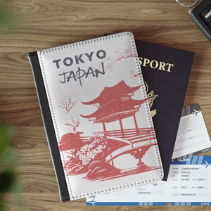 東京の日本の建築と歴史のパスポートホルダー、日本庭園付きニッポンパスポートケース合成皮革RFIDブロッキングパスポートウォレット