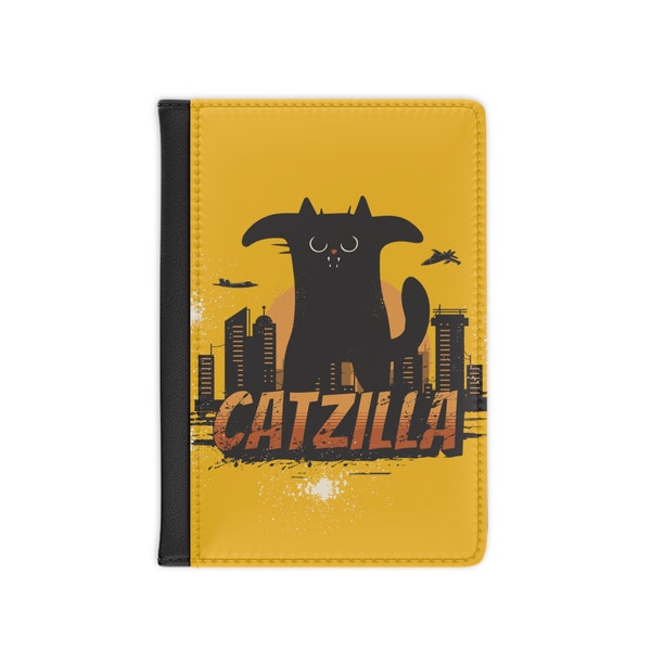 Catzilla Passport Cover, Gift for Traveller, Travel Accessories Wallet, Faux Leather, Cat lover, Cat Passport Holder