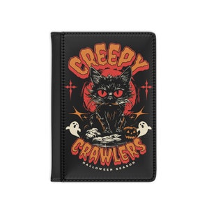 Funda para pasaporte de Halloween con forma de espeluznante, regalo para viajeros, billetera para accesorios de viaje, funda para pasaporte de Halloween con diseño de gatito amante del otoño