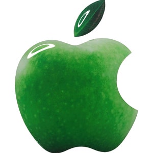 Op de afbeelding: Een groene appel met een blad erboven. De appel is een gestileerde weergave van het Apple-logo.