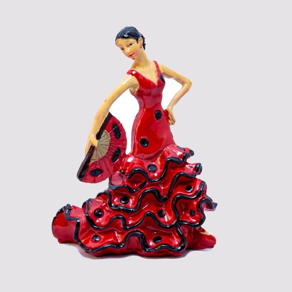 Danseuse de flamenco rouge espagnole avec éventail vers le bas, figurine peinte à la main et fabriquée à la main en Espagne.