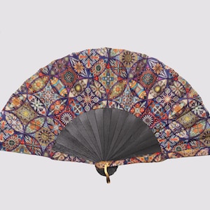 Fan Handmade With Silk Mix Colors, Wood and fabric fan, Spanish fan, Summer fashion accessories.