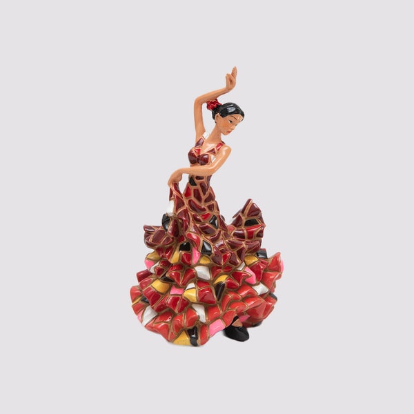 Statue de danseuse de flamenco espagnole en mosaïque rouge réalisée avec de la poussière de marbre et de l'émail. C'est la meilleure collection d'Espagne.