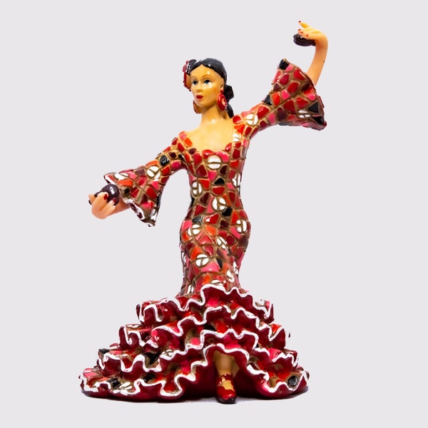 Statue de danseuse de flamenco espagnole en mosaïque rouge et bleue réalisée avec de la poussière de marbre et de l'émail. C'est la meilleure collection d'Espagne