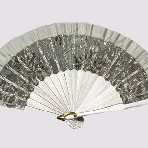 Handmade Fan With Silk, Gray, Wood and fabric fan, Spanish fan, Summer fashion accessories.