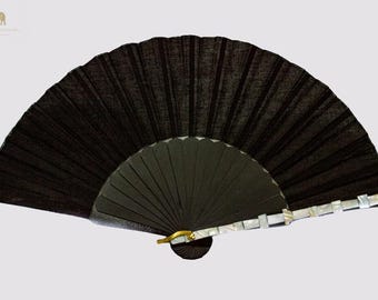 Fan Handmade With Silk Black, Wood and fabric fan, Spanish fan, Summer fashion accessories.