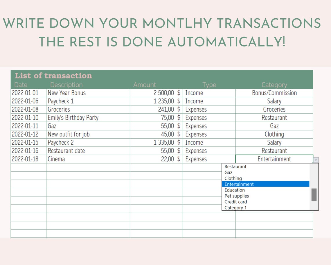 Automated Monthly Budget | Transaction Tracker | Excel Spreadsheet ...