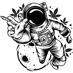 May include: A black and white illustration of an astronaut floating in space, holding a joint in their hand. The astronaut is wearing a spacesuit with a marijuana leaf on the chest. The astronaut is floating near a moon with a crater.