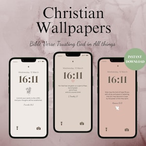 May include: Three smartphones displaying Christian-themed wallpapers. The screens show Bible verses and the time 16:11. The background is a soft, watercolor-like texture with the text "Christian Wallpapers" and "Instant Download".