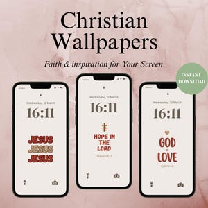 Peut inclure: Trois smartphones affichant des fonds d'écran chrétiens avec des messages tels que "Jésus", "Espoir dans le Seigneur" et "Dieu est amour". L'image comprend également le texte "Fonds d'écran chrétiens" et "Foi et inspiration pour votre écran."