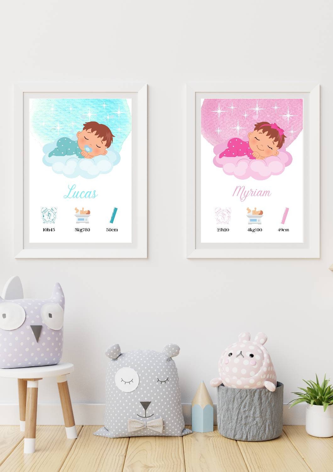 Affiche Naissance Personnalisée, Fille ou Garçon, Bébé Qui Dort, Nuit Etoiler