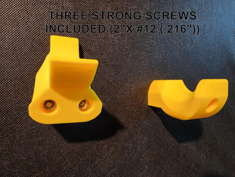 May include: Two yellow plastic wall mounts with screw holes. The text "THREE STRONG SCREWS INCLUDED (2"X #12 (.216"))" is above the mounts.