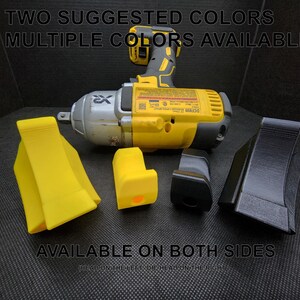 May include: A yellow and black impact wrench with two yellow and black wedge-shaped objects and a black and yellow object. The text "TWO SUGGESTED COLORS MULTIPLE COLORS AVAILABLE" is at the top of the image. The text "AVAILABLE ON BOTH SIDES" is at the bottom of the image.