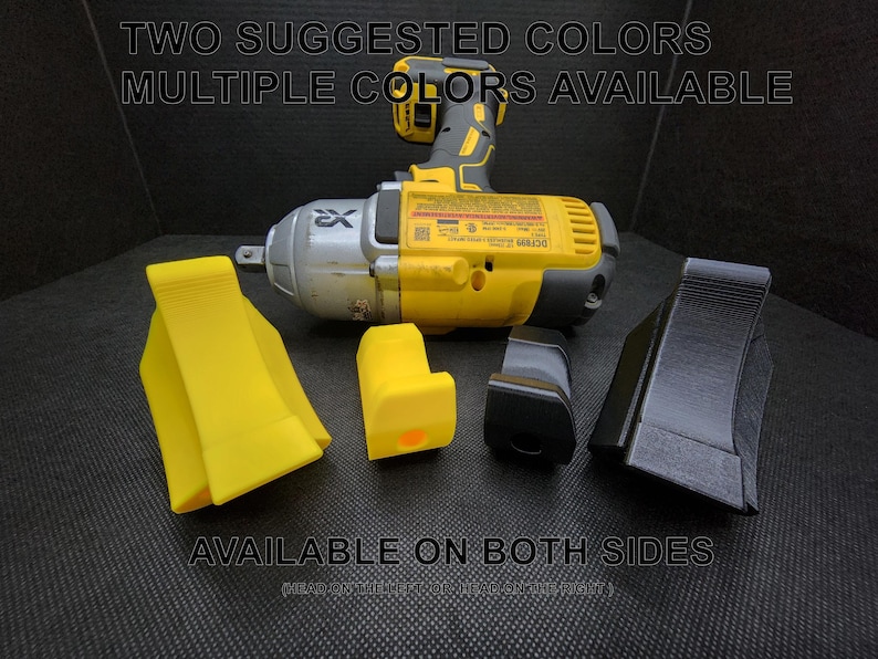 May include: A yellow and black impact wrench with two yellow and black wedge-shaped objects and a black and yellow object. The text "TWO SUGGESTED COLORS MULTIPLE COLORS AVAILABLE" is at the top of the image. The text "AVAILABLE ON BOTH SIDES" is at the bottom of the image.