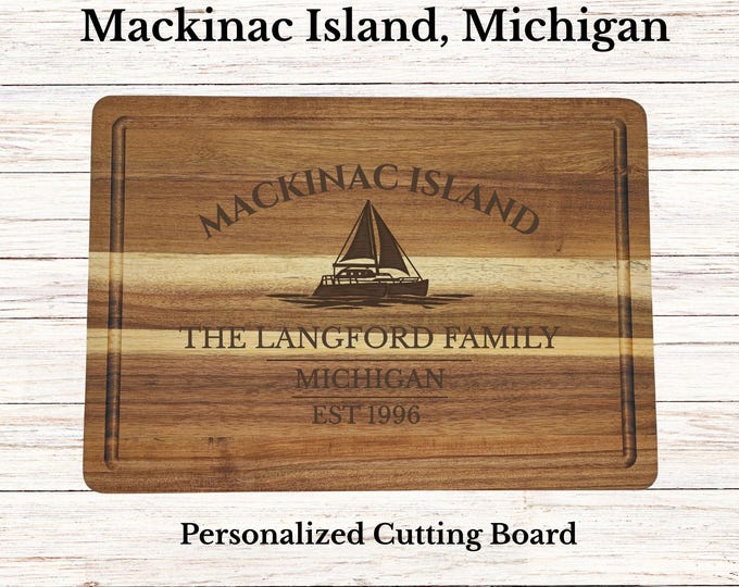 Mackinac Island Sailboat Cutting Board, Personalized Michigan Gift, Custom Boat Name, Engraved Acacia Wood, Nautical Decor