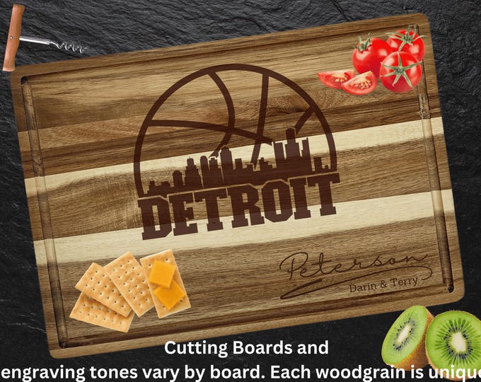 Detroit Cutting Board | Personalized Cutting Board | Basketball Fan Gift | Acacia Wood Charcuterie Board | Custom Cheese Chopping Board
