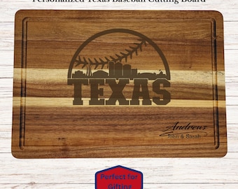 Tabla de cortar personalizada de béisbol de Texas, regalo para el aficionado de Texas, tabla de madera grabada a medida, regalo de boda, regalo de inauguración de casa