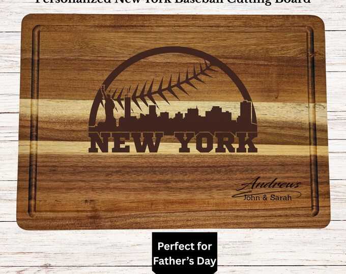 Custom New York Baseball Cutting Board | Personalized Acacia Wood Board | Engraved New York City Skyline Gift | Sports Fan Housewarming Gift