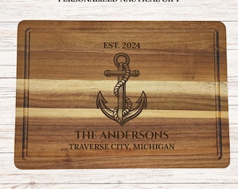 Personalized Anchor Cutting Board Nautical Gift Custom Engraved Acacia Wood Home Port Kitchen Wedding Housewarming Gift