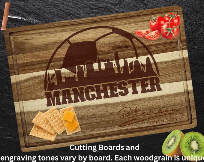 Manchester Cutting Board | Personalized Cutting Board | Football Fan Gift | Tailgating Wood Charcuterie Board | Custom Soccer Cheese Board