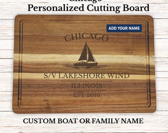 Personalized Chicago Cutting Board, Custom Boat Gift, Lake Michigan Decor, Engraved Wood Gift, Housewarming Gift, Chicago Gift