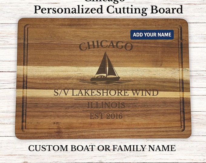 Personalized Chicago Cutting Board, Custom Boat Gift, Lake Michigan Decor, Engraved Wood Gift, Housewarming Gift, Chicago Gift