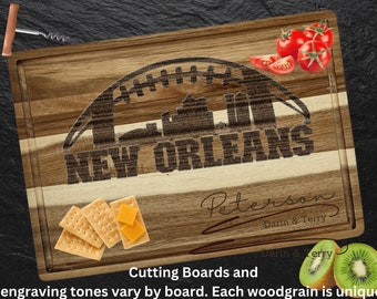Personalized New Orleans Football Cutting Board – Custom Engraved Acacia Wood Cheese Board – Sports Fan Game Day Gift