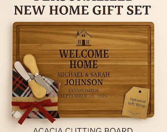 Custom New Home Cutting Board Gift Set | Personalized Acacia Board | Housewarming Gift | Engraved Realtor Closing Gift New Homeowner Present