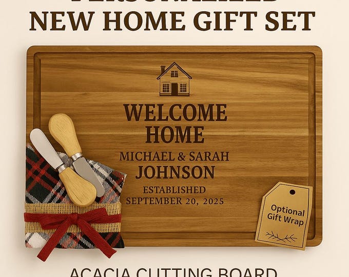 Custom New Home Cutting Board Gift Set | Personalized Acacia Board | Housewarming Gift | Engraved Realtor Closing Gift New Homeowner Present