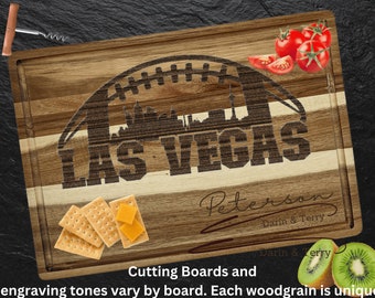 Las Vegas Custom Cutting Board – Personalized Acacia Wood Football Gift, Laser Engraved Serving Board, Sports Fan Super Bowl Party Decor