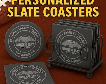 Personalized Green Bay Football Coasters Set of 4 | Custom Family Name Slate Square or Round Coasters | Optional Holder | Holiday Gift