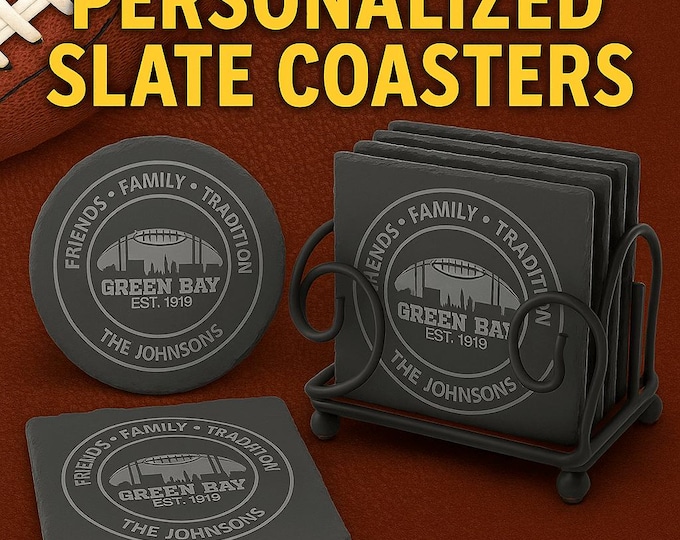 Personalized Green Bay Football Coasters Set of 4 | Custom Family Name Slate Square or Round Coasters | Optional Holder | Holiday Gift
