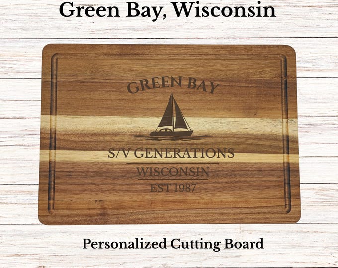 Green Bay Sailboat Cutting Board Personalized Gift Wisconsin Cutting Board Gift Custom Engraved Boat Name