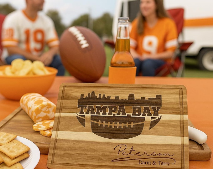 Tampa Bay Football Cutting Board | Personalized Acacia Wood Board | Custom Tailgating Gift | Engraved Charcuterie Cheese Board