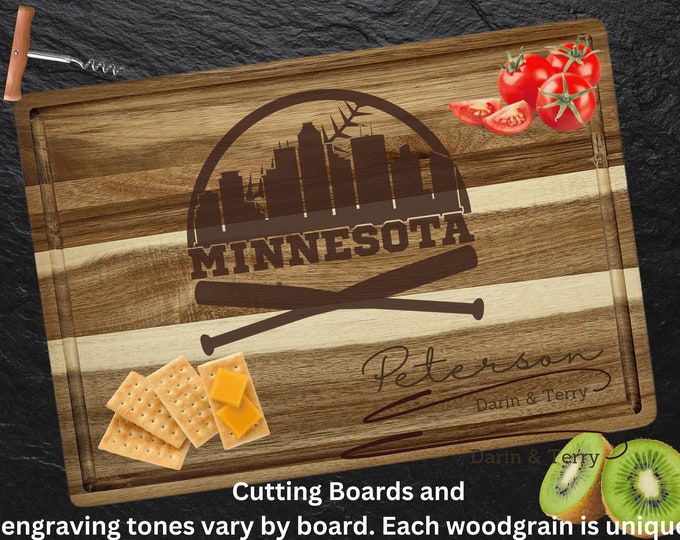 Minnesota Cutting Board | Personalized Cutting Board | Baseball Fan Gift | Tailgating Wood Charcuterie Board | Custom Cheese Chopping Board